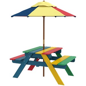 Outsunny Kids Picnic Table Set with Parasol, Wooden Outdoor Bench Set with Seating for 2 Children 3-6 Years Old, for Patio, Backyard, Indoor Use - 1 of 4