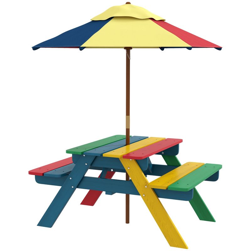 Outsunny Kids Picnic Table Set with Parasol, Wooden Outdoor Bench Set with Seating for 2 Children 3-6 Years Old, for Patio, Backyard, Indoor Use, 1 of 7