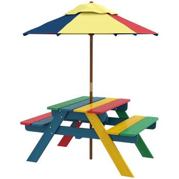 Outsunny Kids Picnic Table Set with Parasol, Wooden Outdoor Bench Set with Seating for 2 Children 3-6 Years Old, for Patio, Backyard, Indoor Use