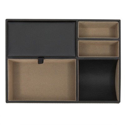 Black Faux Leather Men's Rectangular Valet Tray with 5 Compartments