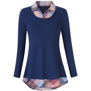 Coolmee Women's Tunics Tops Long Sleeve Contrast Collared Shirts Patchwork Work Blouse Tunics Tops - 1 of 4