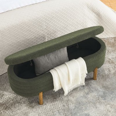 Sapphtopaz Pleated Fabric Ottoman with Storage, Oval Storage Ottoman Bench with Rubber Wood Leg, Multi-Use Footstool Bench, Ottoman Foot Rest