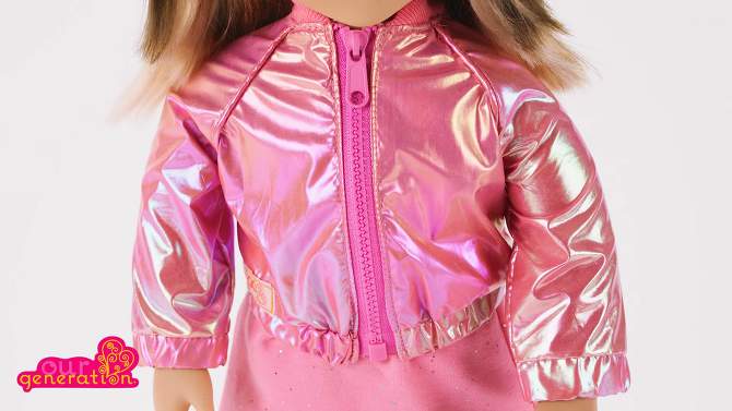 Our Generation Splash of Pink Metallic Bomber Jacket &#38; Dress Outfit for 18&#39;&#39; Dolls, 2 of 6, play video