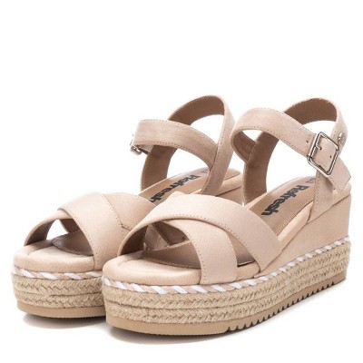 Beige Faux Suede Wedge Sandals with Ankle Strap, Size 9