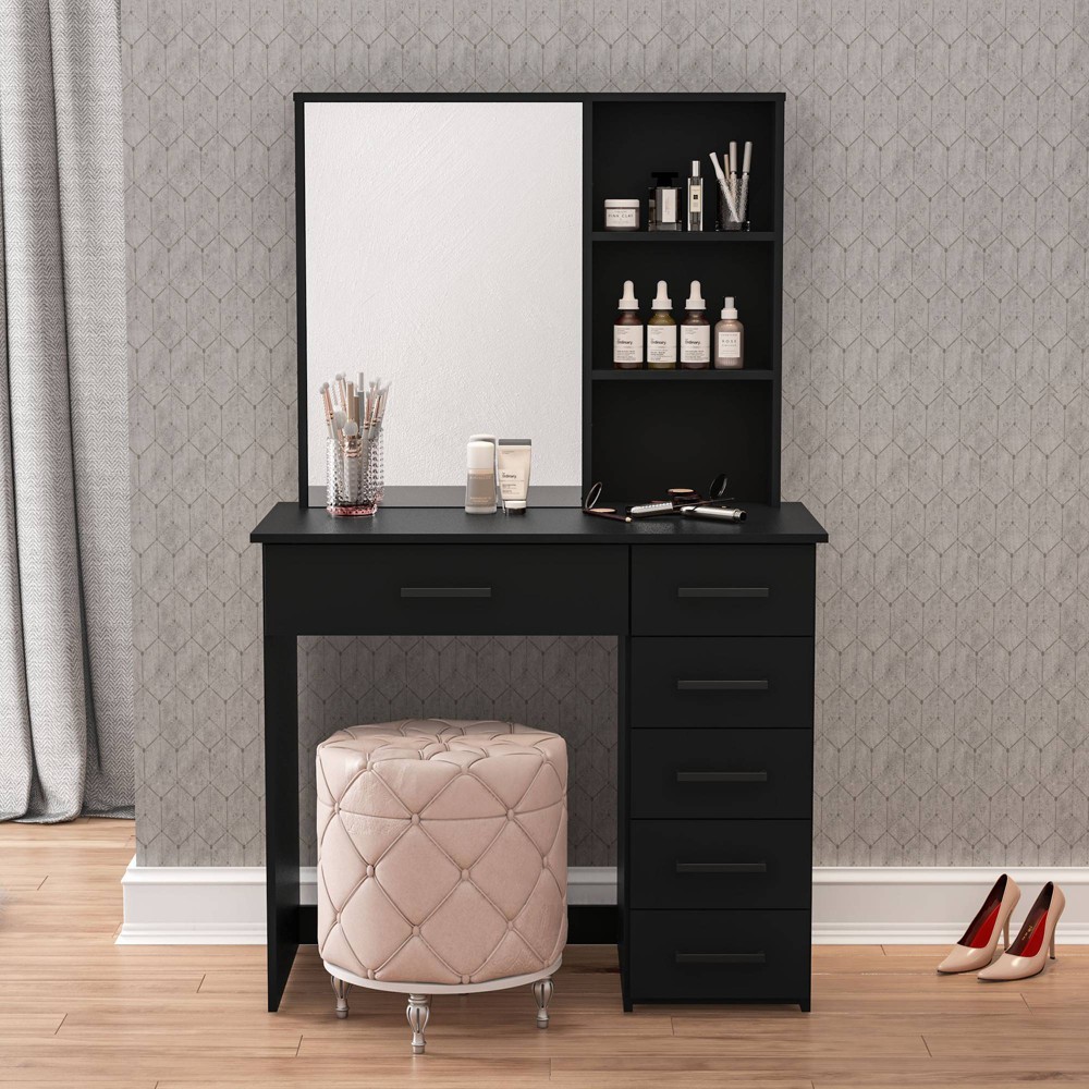 Astrid Makeup Vanity Black - Boahaus: Modern Desk with Mirror, 6 Drawers & Shelves