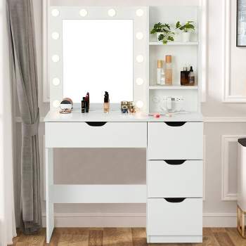 Makeup Vanity with Drawers, White Vanity Desk with Mirror and Lights in 3 Colors 12 LED