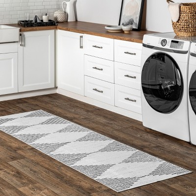 Ivory and Black Washable Diamond Runner Rug
