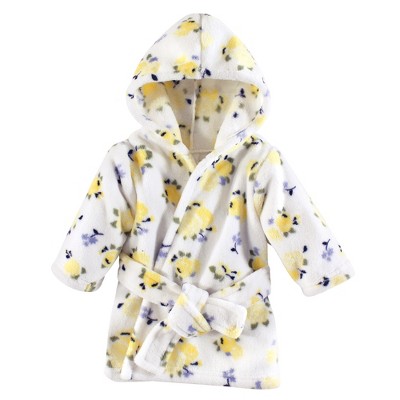 Luvable Friends Baby Girl Plush Bathrobe, Yellow Floral, 0-9M