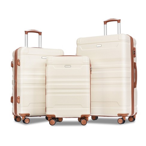 3 PCS Luggage Set, ABS Hardshell Expanable Spinner Suitcase with TSA Lock  (20/24/28), Beige +Brown-ModernLuxe