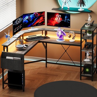 61" l-Shaped Gaming Desk with LED Lights – Grey Ergonomic Computer Desk, Monitor Stand, 5-Tier Shelves & Side Storage Pockets for Small Spaces
