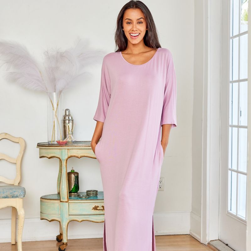 ADR Women's Soft Knit Caftan Nightgown, Loungewear Oversized Pajamas Long Sleep Dress with Pockets, 3 of 8