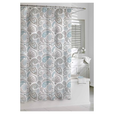 blue and beige shower curtain