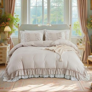 Ruffle Comforter Set – 3-Piece Shabby Chic Boho Bedding with Elegant Double Ruffles, Soft Lightweight Microfiber Quilt, Queen/King - 1 of 4