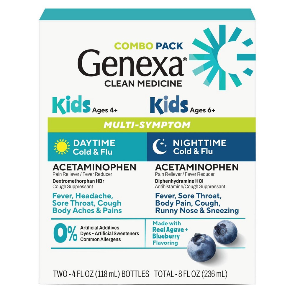 Genexa Kids' Daytime & Nighttime Multi-Symptom Cold & Flu Syrup - Acetaminophen - Blueberry - 8oz/2ct