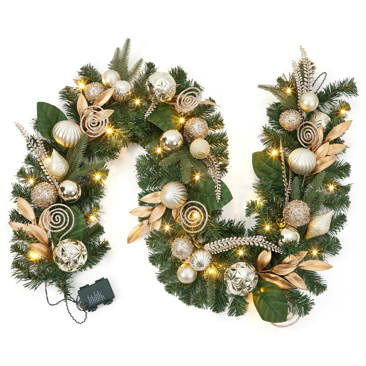 Garvee 6Ft Gold Christmas Garland with Gold Leaves & Ornaments - Modern Minimalist Artificial Pine Garland for Mantel, Staircase Holiday Decor
