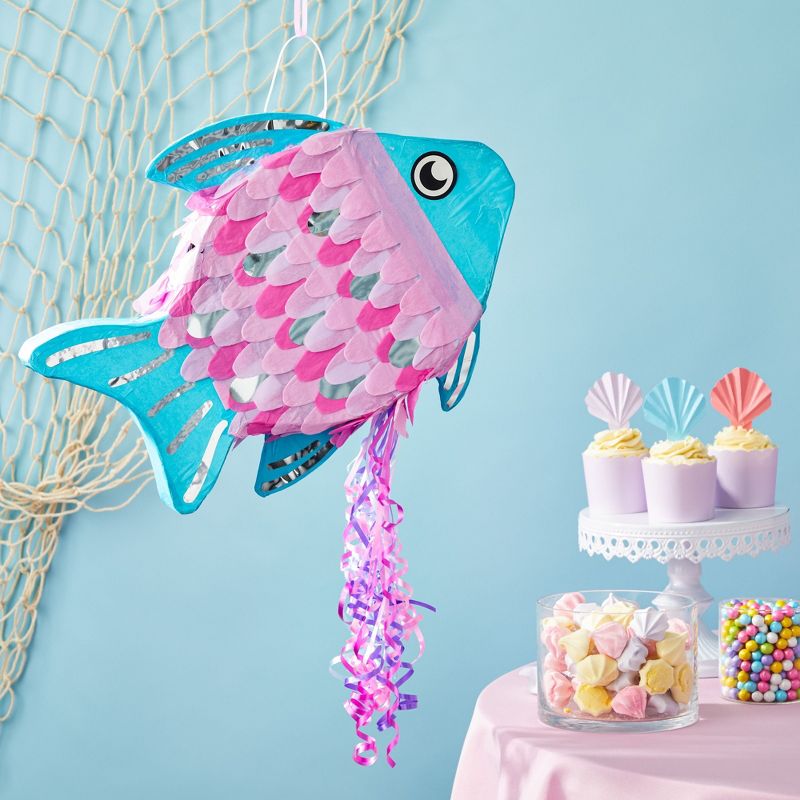 Blue Panda Small Pull String Fish Pinata for Kids Under The Sea Party Decorations, Ocean and Mermaid Theme Birthday, Baby Shower, 17 x 13 x 3 in, 2 of 9