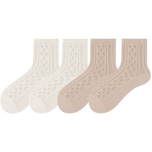 Anna-Kaci 4 Pairs Women's Lace Knit Crew Socks Lightweight Breathable Mesh Style with Elastic Cuff in Assorted Patterns - 1 of 4