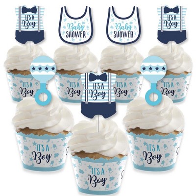 Big Dot of Happiness It's a Boy - Cupcake Decoration - Blue Baby Shower Cupcake Wrappers and Treat Picks Kit - Set of 24