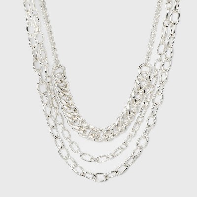 Multi Row Layered Chain Linked Statement Necklace - A New Day™ Silver