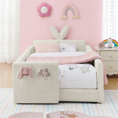 YONWAY Twin Size Upholstered Floor Bed with Rabbit Ear Shaped Headboard, Boucle Fabric Kids Beds Frame with Safety Rail & Pocket for Kids
