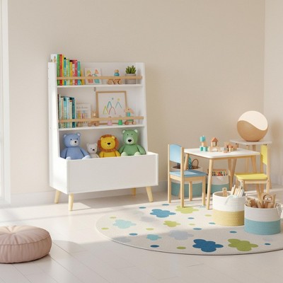 Homy Casa Kids' Bookshelf with Open shelves and Storage Bin, White Bookcase with Wooden Legs for Playroom or Bedroom
