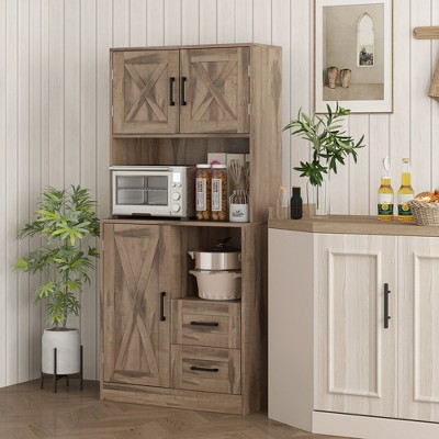 Rustic Driftwood Particle Board Kitchen Pantry Cabinet with Barn Doors
