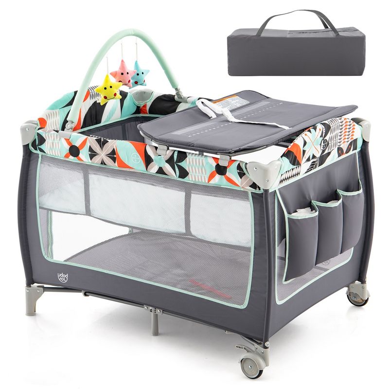 Babyjoy 3 in 1 Baby Playard Portable Infant Nursery Center w/ Zippered Door Pink/Grey/Pink & White/Green, 1 of 11