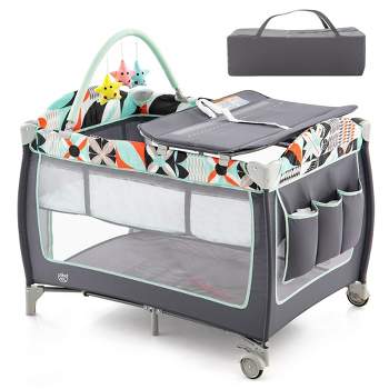 Babyjoy 3 in 1 Baby Playard Portable Infant Nursery Center w/ Zippered Door Pink/Grey/Pink & White/Green
