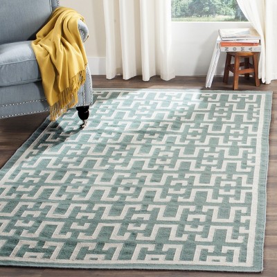 Seafoam and Ivory Geometric Wool Flatweave Rug, 3' x 5'