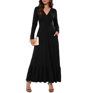 Clearlove Womens Long Sleeve Deep V Neck Dress Ruffles Long Maxi Casual Dresses for Women with Pockets - 1 of 4