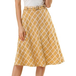 INSPIRE CHIC Women's Tartan Plaid High Waist Belted Vintage A-Line Midi Skirt - 1 of 4