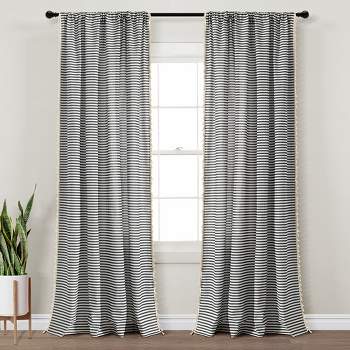 Boho Coastal Horizontal Ticking Stripe Tassel Window Curtain Panels Black 52X84 Set