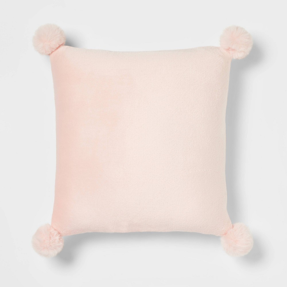 Plush Square Throw Pillow with Faux Fur Pom-Poms Blush - Opalhouse
