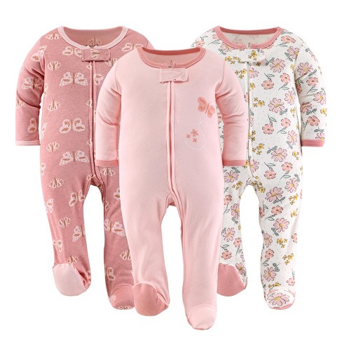 The Peanutshell Boho Butterfly Footed Baby Sleepers For Girls 3 Pack 3 6 Months Pink Target