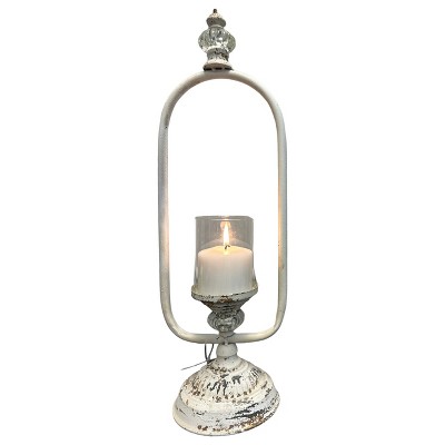 Slickblue Vintage White Distressed Metal Candle Holder with Hurricane Glass and Crystal Globes