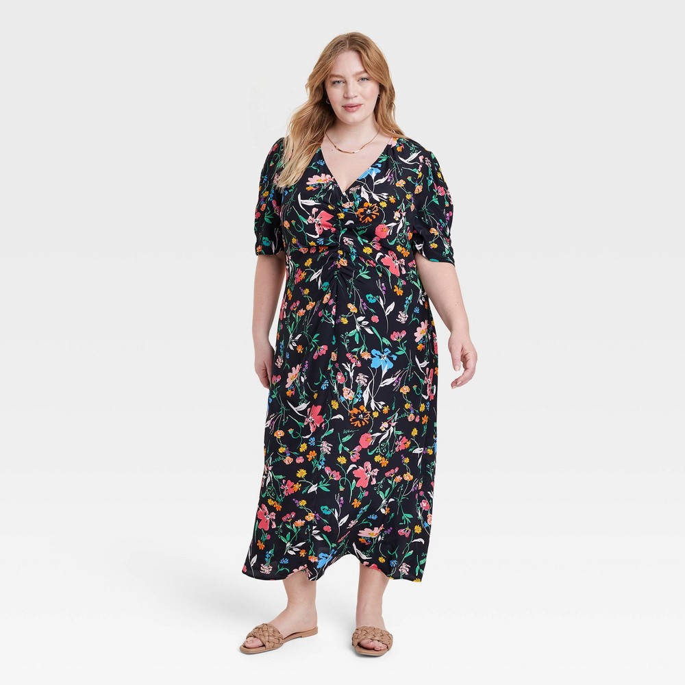 Women's Puff Short Sleeve Ruched A-Line Dress - A New Day Black Floral XXL