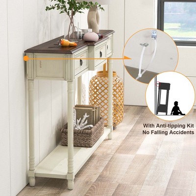 52" Cream and Brown Wood Console Table with Storage Drawers