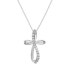 GILDED 1/4 Carat Total Weight Diamonds Twist Cross Pendant-Necklace in 10KT White Gold or 925 Sterling Silver, Natural Round-Cut Diamond, 18" Chain - 1 of 4
