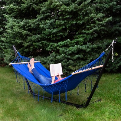 Northlight Hammock with Netted Fringe and Wooden Bars - 100 x 41 - Blue