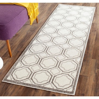 Ivory and Light Grey Geometric Synthetic Runner Rug