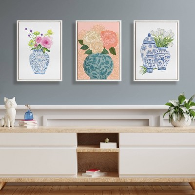 18x24 White Beaded Frame Canvas with Blue Chinoiserie Jars and Tulips