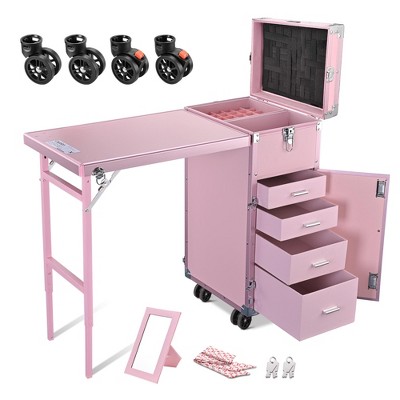 Byootique Rolling Cosmetic Case Nail Table with 4 pcs Replacement Wheels Pink