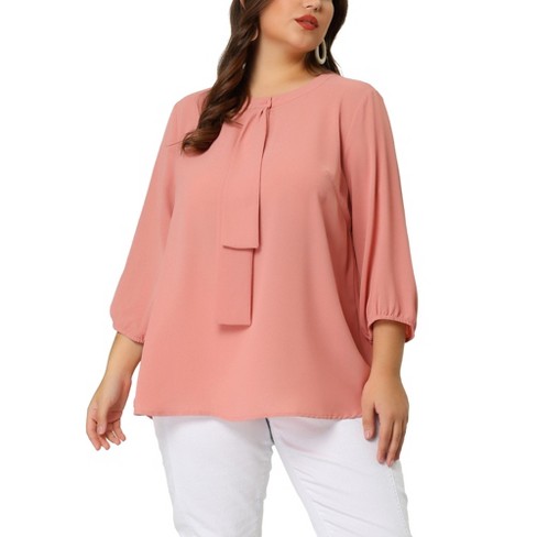Agnes Orinda Women's Plus Size 3/4 Sleeves Round Neck Ruffle Chiffon Work  Blouse Pink 2X