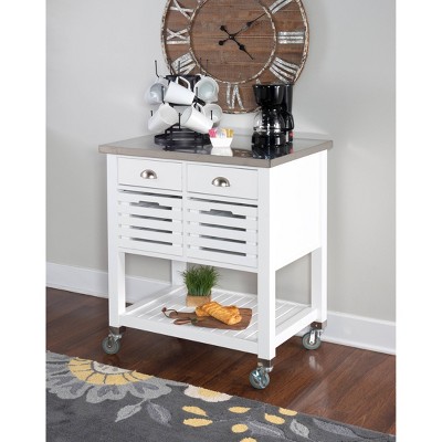 Farmhouse Charm White Stainless Steel Kitchen Cart with Butcher Block