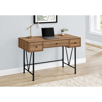 Light Brown Reclaimed Wood Home Office Desk with Black Metal Legs and Drawers