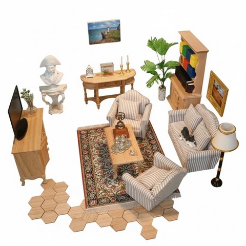 Etokfoks 7pcs Wooden Dollhouse Living Room Furniture Set Includes Sofa Coffee Table Cabinets Console Table for 3-6 Inch Dolls