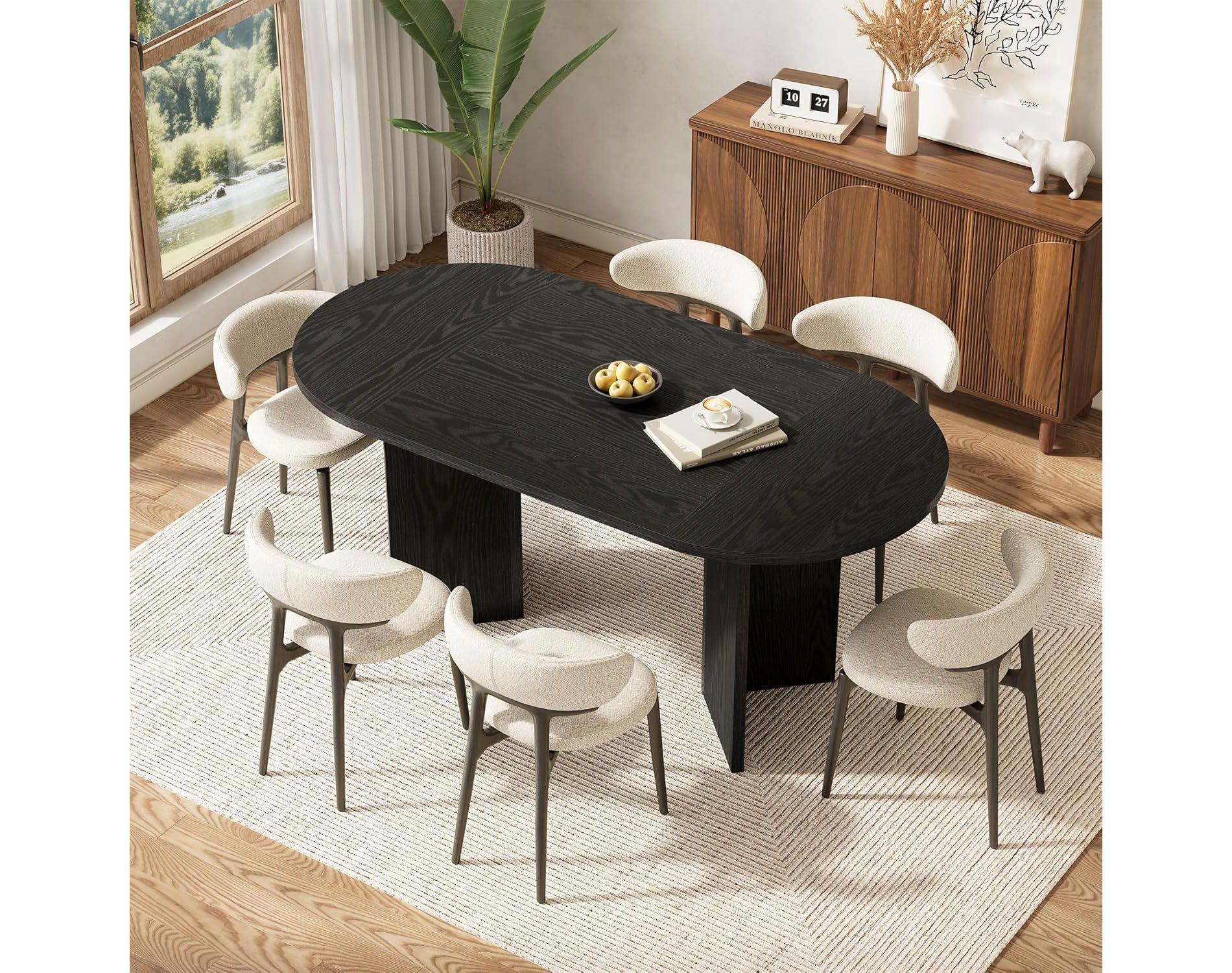 Lantine 63" Oval Dining Table for 4-6, Sturdy MDF Farmhouse Kitchen Table with Metal Strip Base, for Living Room, Office, Restaurant