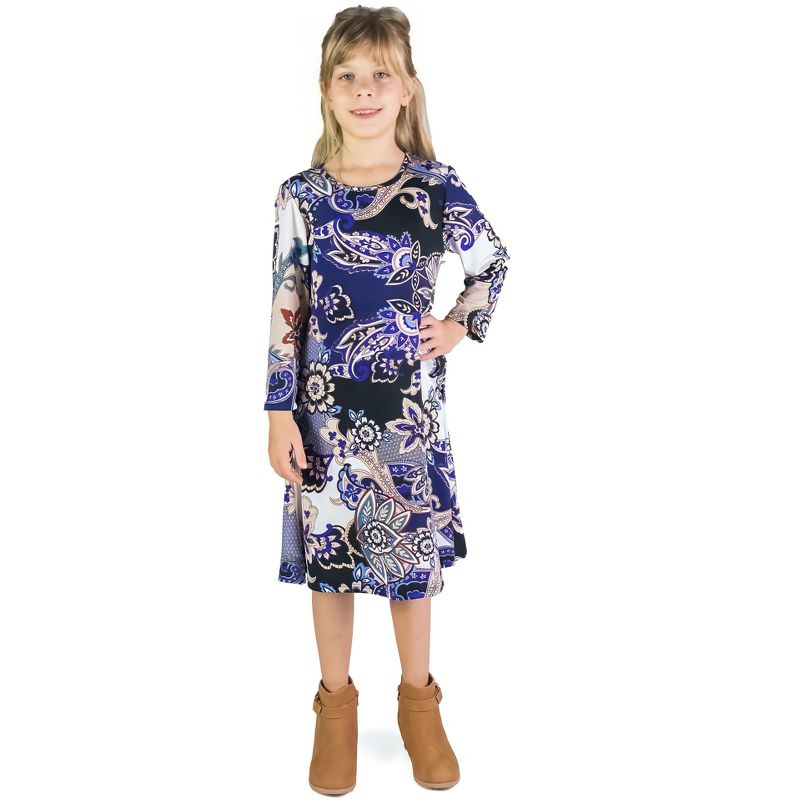 24seven Comfort Apparel Girls Blue Paisley Long Sleeve Loose Fit Knee Length Tunic Pocket Dress, 1 of 5