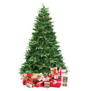 Tangkula 7.5'PE/PVC Artificial Pine Tree Pre-Lit Christmas Tree w/ 540 LED Lights & Pine Cones - 1 of 4