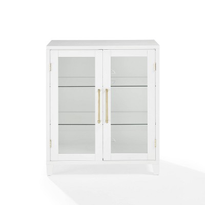 White Glass Door Kitchen Pantry Storage Cabinet with Gold Hardware